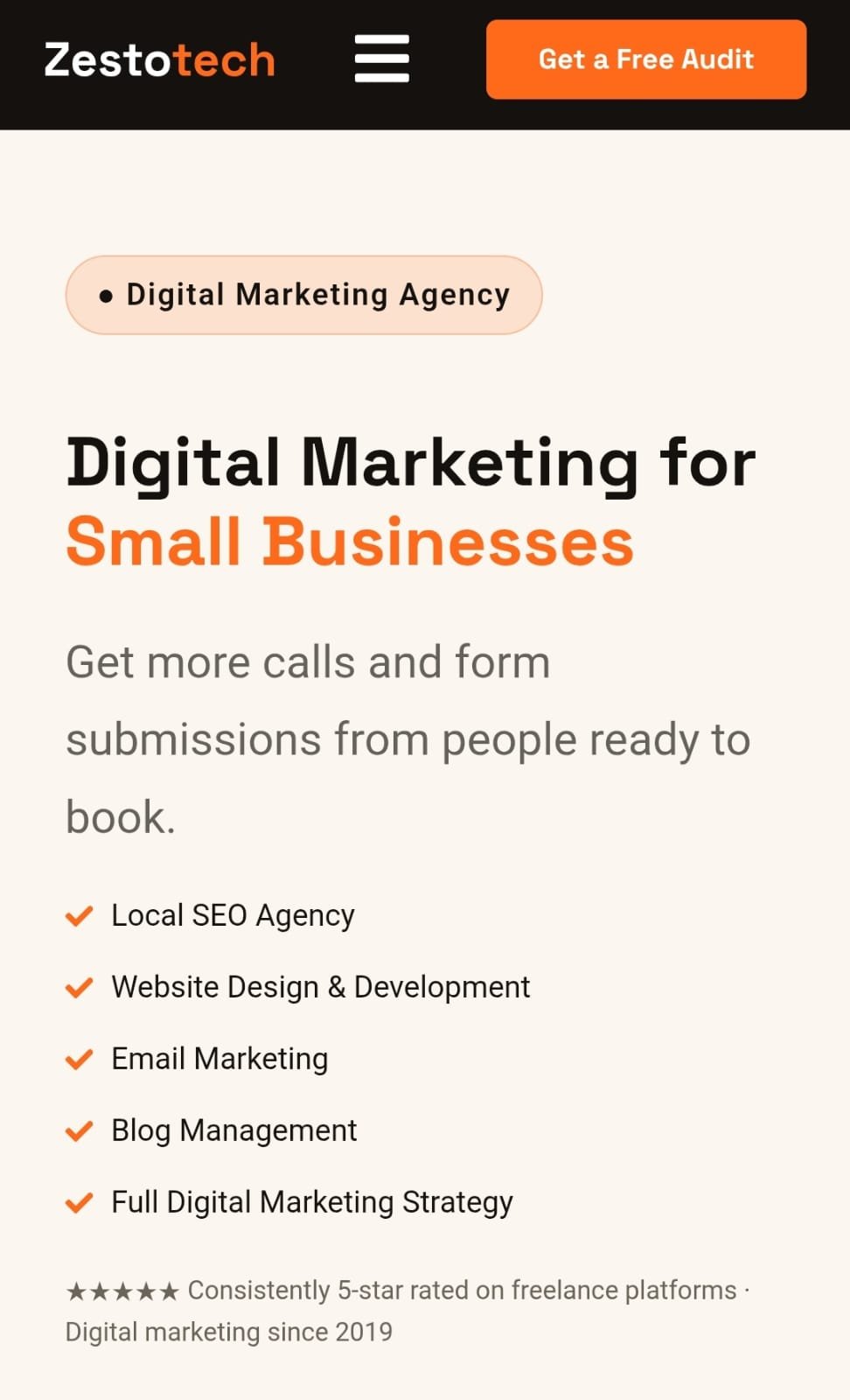 Web Design and Development 5 zestotech homepage hero on mobile version