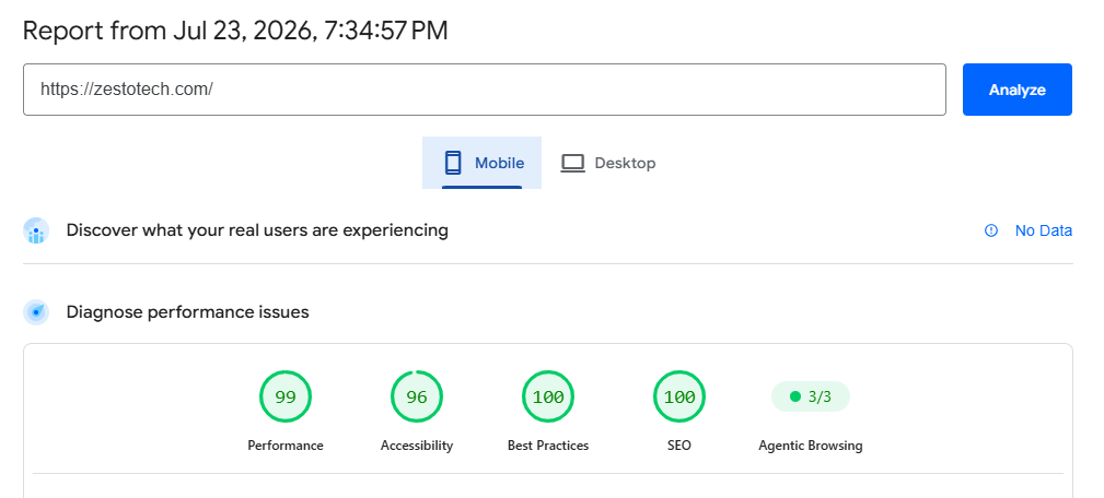Web Design and Development 6 zestotech pagespeed insights report